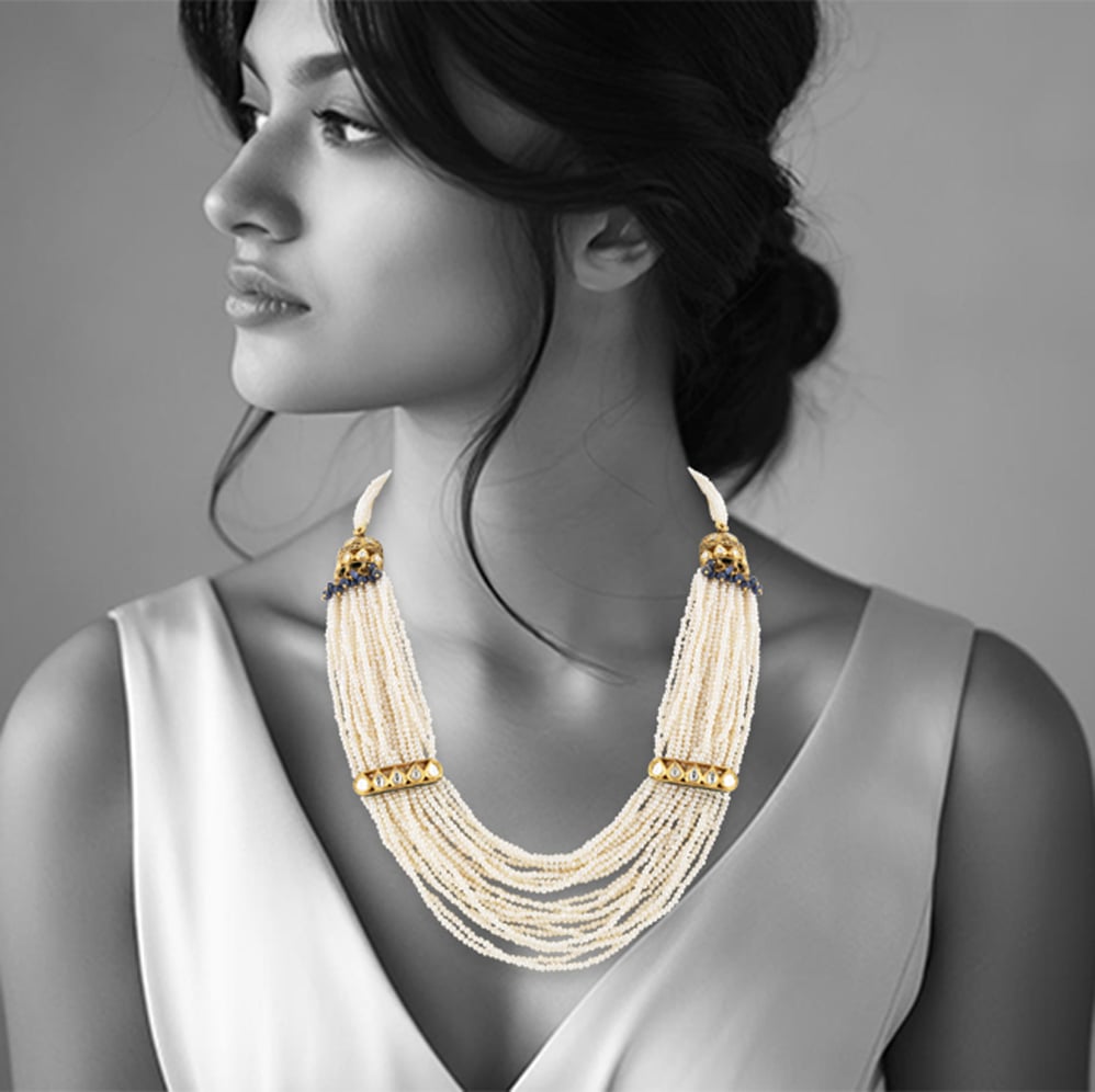 Multi-Strand Pearl Necklace with Polki & Jhumki Accents